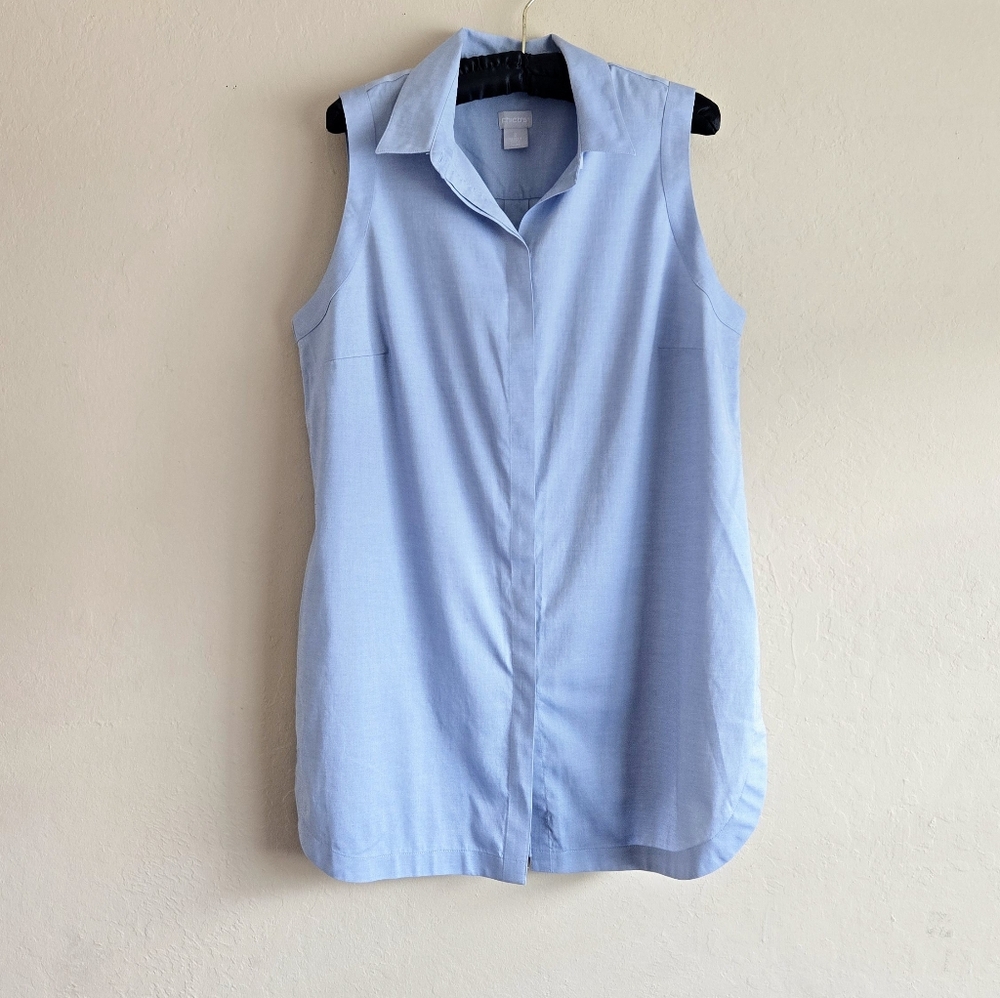 Chicos no iron chic stretch sleeveless chambray button down shirt size 2